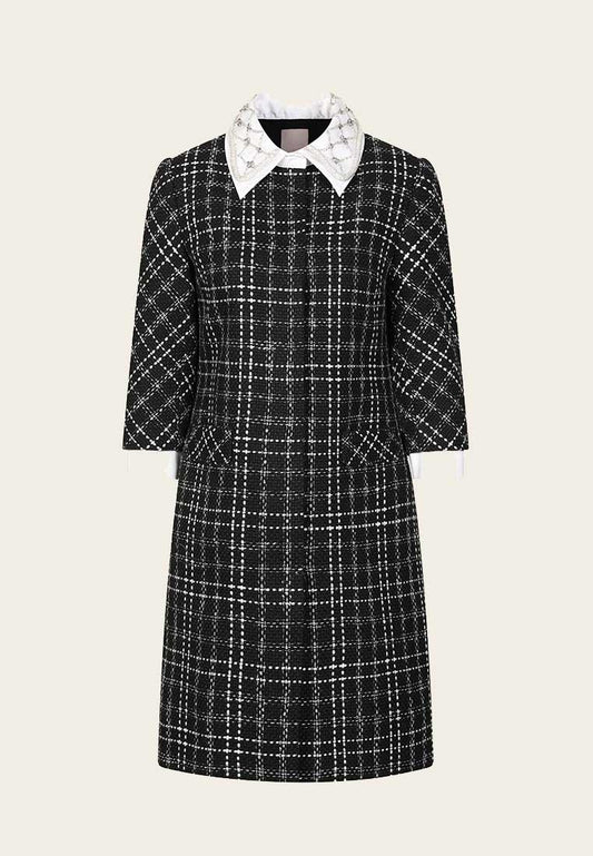 Beaded White Lapel Black Tweed Dress